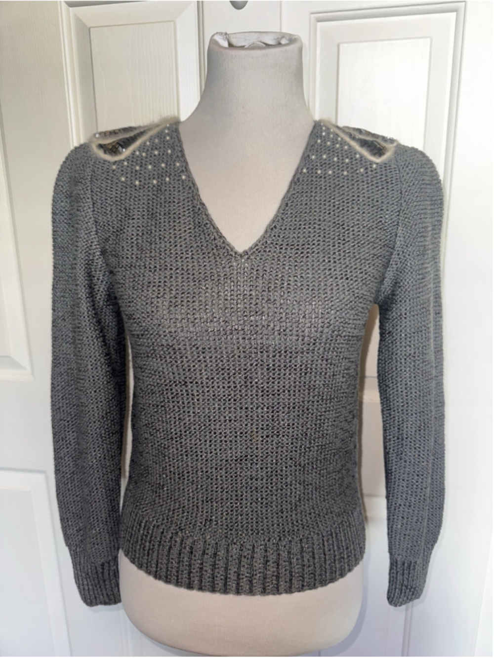 Vintage 80s Nannel Gray Beaded Pearl Sweater Small Glam Statement Shoulder Knit